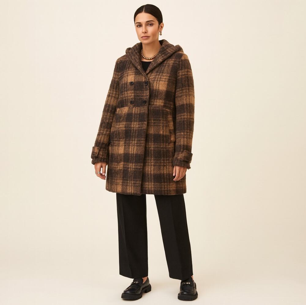 EMME MARELLA Plaid Hooded Coat Mohair Blend Tan Brown Sz 10 $545